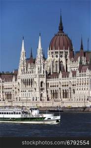 A tourist boat sailing past the Hungarian Parliament Building in Budapest, Hungary. It is the seat of the National Assembly of Hungary. It lies in Lajos Kossuth Square, on the bank of the River Danube. It is currently the largest building in Hungary and is still the tallest building in Budapest.