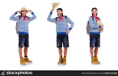 A tourist with bags isolated on white