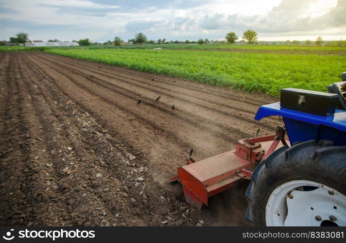 A tractor with a milling machine is cultivating a farm field. Loose crushed moist soil after cultivating with a cultivator. Loosening surface, land cultivation. Farming. Use agricultural machinery