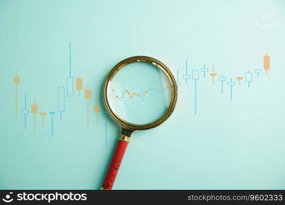 A trader’s keen eye for opportunities, as they holdmagnifier glass to scrutinize bar graph’s increasing arrow, uncovering potential growth in stock market. Technical price graph and indicator