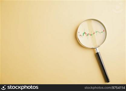 A trader’s magnifying glass reveals insights into stock market’s bar graph, highlighting upward trend and reflecting potential for profitable business investments. Technical price graph and indicator. Unlocking the secrets of the stock market, a trader inspects the bar graph’s increasing arrow with a magnifying glass