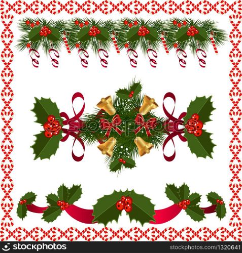 A traditional Christmas Garland made with red berries, and ribbon on a white background.Festive Holiday Background. Garland Border Made Of Holly Berries