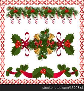 A traditional Christmas Garland made with red berries, and ribbon on a white background.Festive Holiday Background. Garland Border Made Of Holly Berries