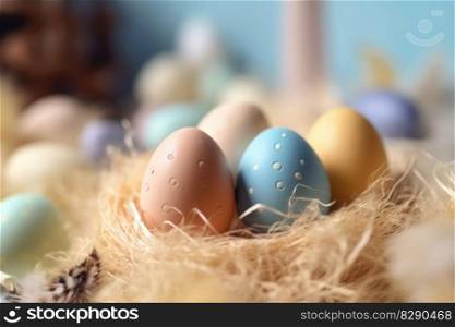 A traditional Easter background for the Christian Easter with colourful eggs and decorations created with generative AI technology