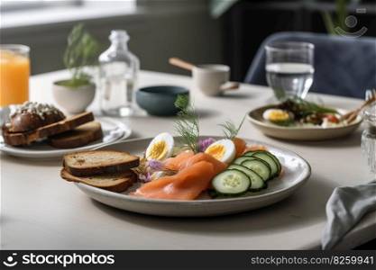 A traditional, Scandinavian breakfast spread, with an array of smoked salmon, pickled herring, crispbreads, and sliced cucumbers, served on a sleek, modern plate with fresh dill garnish. Generative AI.