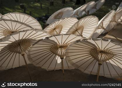a traditional Thai Umbrella production of Paper Umbrellas in the city of Chiang Mai at north Thailand. Thailand, Chiang Mai, November, 2019. THAILAND CHIANG MAI UMBRELLA FACTORY