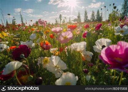 A tranquil and peaceful view of a stunning flower field with pink and white blooms under a clear blue sky. AI Generative.