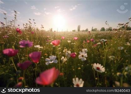 A tranquil and serene scenery of a stunning flower field with pink and white cosmos blooms and blue sky in the background. AI Generative.
