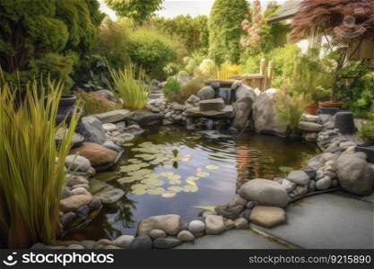 a tranquil backyard garden with serene water features and natural accents, created with generative ai. a tranquil backyard garden with serene water features and natural accents