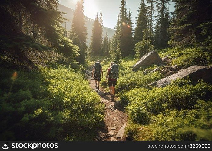 A tranquil, summer hiking adventure, featuring a couple trekking through a lush, green forest, meadow and mountain trail. Generative AI.