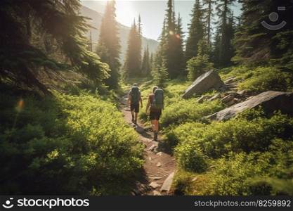 A tranquil, summer hiking adventure, featuring a couple trekking through a lush, green forest, meadow and mountain trail. Generative AI.