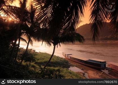 a transport ferry Boat on the Mekong River near Luang Prabang in the north of Lao in Souteastasia.. ASIA LAO LUANG PRABANG