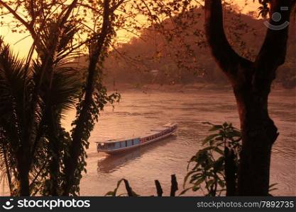 a transport ferry Boat on the Mekong River near Luang Prabang in the north of Lao in Souteastasia.. ASIA LAO LUANG PRABANG
