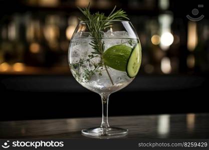 A trendy, artisanal gin and tonic, served in a large, balloon glass with a variety of botanical garnishes, such as cucumber, rosemary, and juniper berries, on a minimalist, marble bar top. Generative AI
