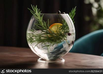 A trendy, artisanal gin and tonic, served in a large, balloon glass with a variety of botanical garnishes, such as cucumber, rosemary, and juniper berries, on a minimalist, marble bar top. Generative AI