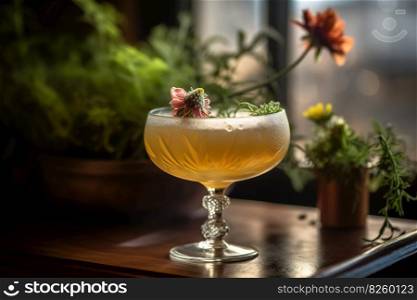 A trendy craft cocktail featuring infused cannabis flower blossoms garnishing the rim of a cocktail glass along with a sugared rim. Generative AI.