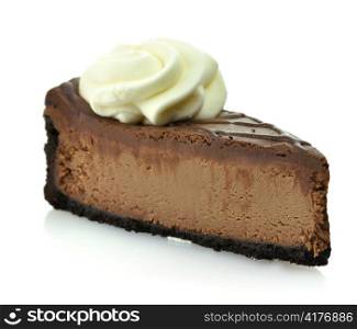 A triple chocolate cheesecake with whipped cream.