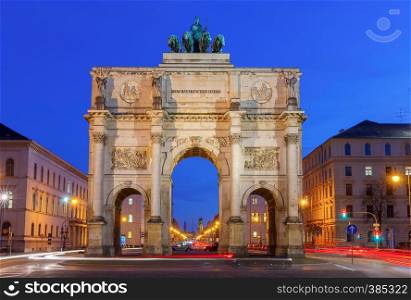 A triumphal arch Siegestor in the night illumination. Munich. Bavaria.. Munich. Triumphal Arch.