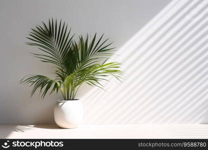 a tropical plant with palm leaves captures the beauty of nature in a simple and elegant way. The white plant pot and white wall provide a clean and uncluttered backdrop for the plant, while the soft morning sunlight highlights the details of the leaves. Generative AI