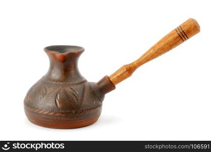A turkish coffeepot isolated on white background, ceramic pot for coffee.