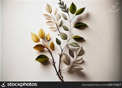 A twig with leaves painted in grunge style. Floral pattern with shadows on white paper. Generative AI design. A twig with leaves painted in grunge style. Generative AI