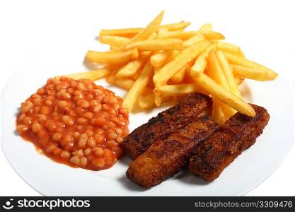 A typical English fast-food meal of fish fingers, beans and chips (french fries) side view