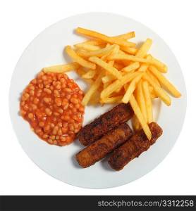 A typical English fast-food meal of fish fingers, beans and chips (french fries)