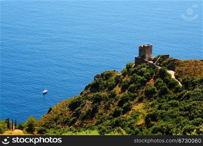 A Typical Italian Seascape With Ruins of a Medieval Fortress