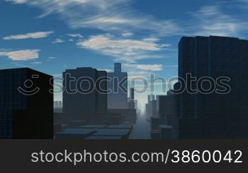 A typical modern city in the background. Direct street stretches to the horizon. At the end of the street light. Bright blue sky, white clouds slowly float. Camera flies swiftly along the street.