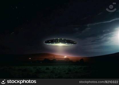A UFO with a spotlight pointed at the bottom of the landscape - Stars in the sky created with generative AI technology