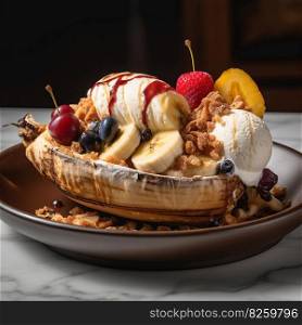 A unique, gourmet twist on the classic banana split, featuring unconventional ice cream flavors, artisanal toppings, set against a sophisticated, upscale backdrop. Generative AI