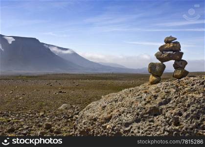 A Varda - or stone man - symbolising a safe onward journey, is often encountered in the rough Icelandic interior. To some it&rsquo;s just a stack of rocks, to others the perfect balance amongst the volcanic stones represents Zen