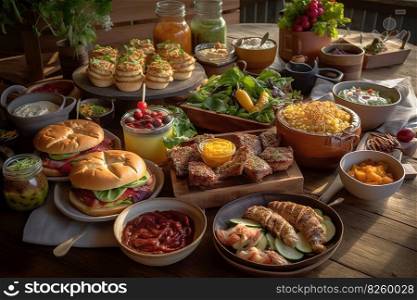 A variety of barbecued dishes, such as burgers, ribs, or grilled vegetables, accompanied by refreshing side dishes and sauces, set against a rustic, wooden table. Generative AI.