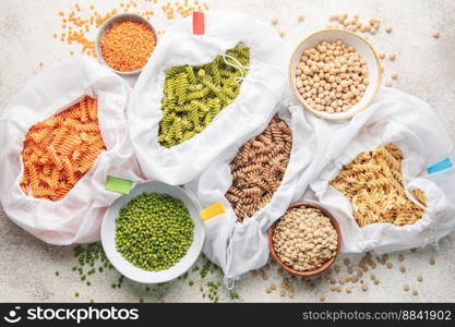 A variety of fusilli pasta made from different types of legumes, green and red lentils, mung beans and chickpeas. Gluten-free pasta.
