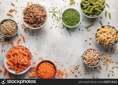 A variety of fusilli pasta made from different types of legumes, green and red lentils, mung beans and chickpeas. Gluten-free pasta.