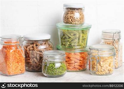 A variety of fusilli pasta made from different types of legumes, green and red lentils, mung beans and chickpeas. Gluten-free pasta.