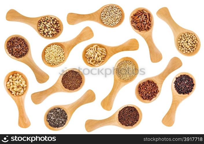 a variety of gluten free grains (buckwheat, amaranth, brown rice, millet, sorghum, teff, black, white and black quinoa, chia seeds, flax seeds) - randomly placed wooden spoons isolated on white