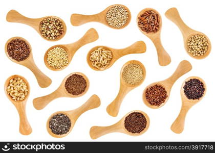 a variety of gluten free grains (buckwheat, amaranth, brown rice, millet, sorghum, teff, black, white and black quinoa, chia seeds, flax seeds) - randomly placed wooden spoons isolated on white