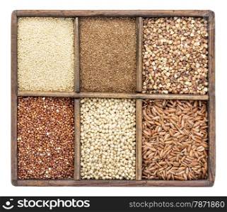 a variety of gluten free grains (buckwheat, amaranth, brown rice, millet, sorghum, teff, red quinoa) in a rustic wooden box isolated on white