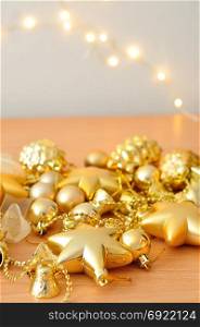 A variety of golden christmas decorations