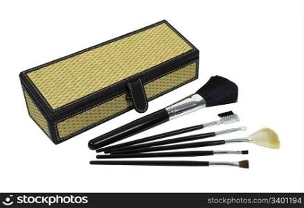 A variety of makeup brushes used for morning beauty rituals and a wicker box for storage - path included