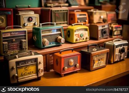 A variety of vintage table top retro radios. Generative AI