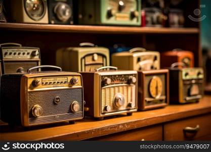 A variety of vintage table top retro radios. Generative AI
