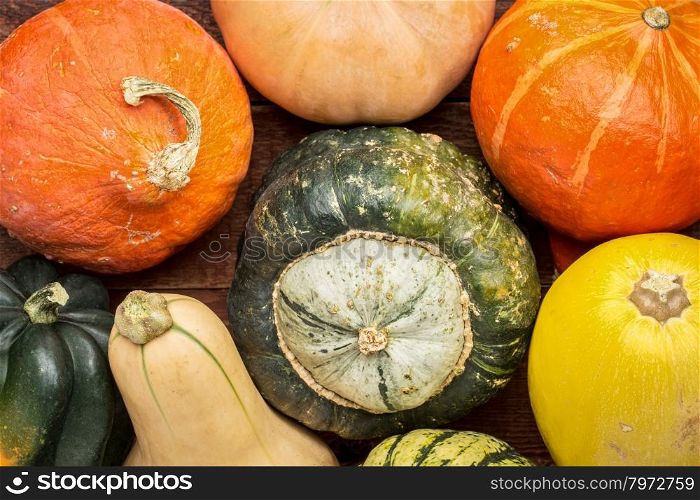 a variety of winter squash fruits on a rustic wooden table, top view