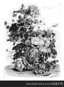 A vase of flowers, vintage engraved illustration. Magasin Pittoresque 1844.