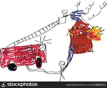 A vector format image of a child like drawing of firemen trying to save a burning house.