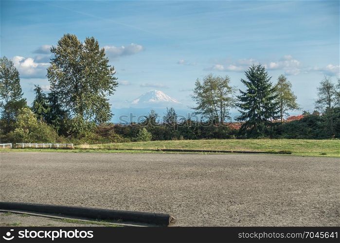 A veiw of Mount Rainier from Grandview Offleash Dog Park in Seatac, Washington.