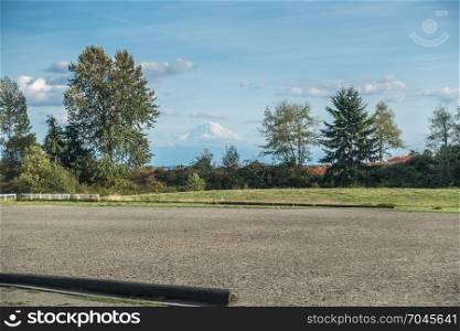 A veiw of Mount Rainier from Grandview Offleash Dog Park in Seatac, Washington.