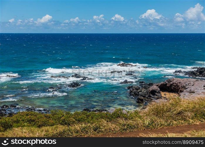 A veiw of the sea and shoreline near Paia on Maui, Hawaii.