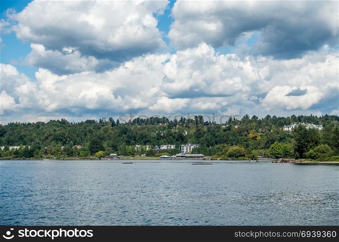 A veiw of the shoeline on Lake Washington in Renton. Homes and Coulon Park are in the scene.